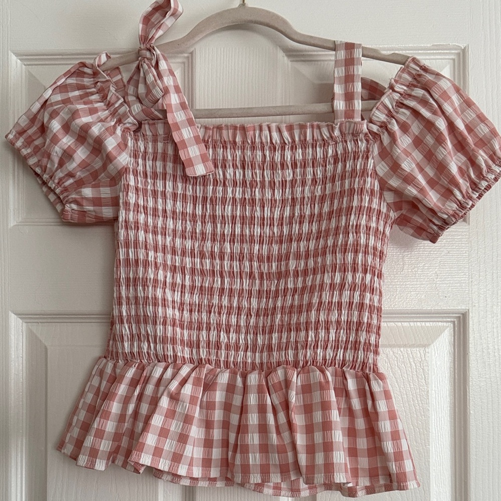 Pink Gingham Smocked Peplum Top